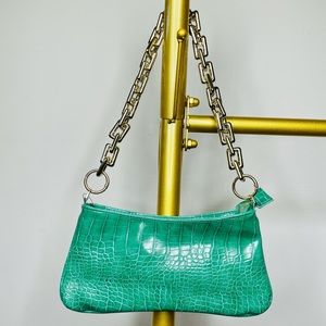 Gold Chain Faux Croc Shoulder Bag (Green)